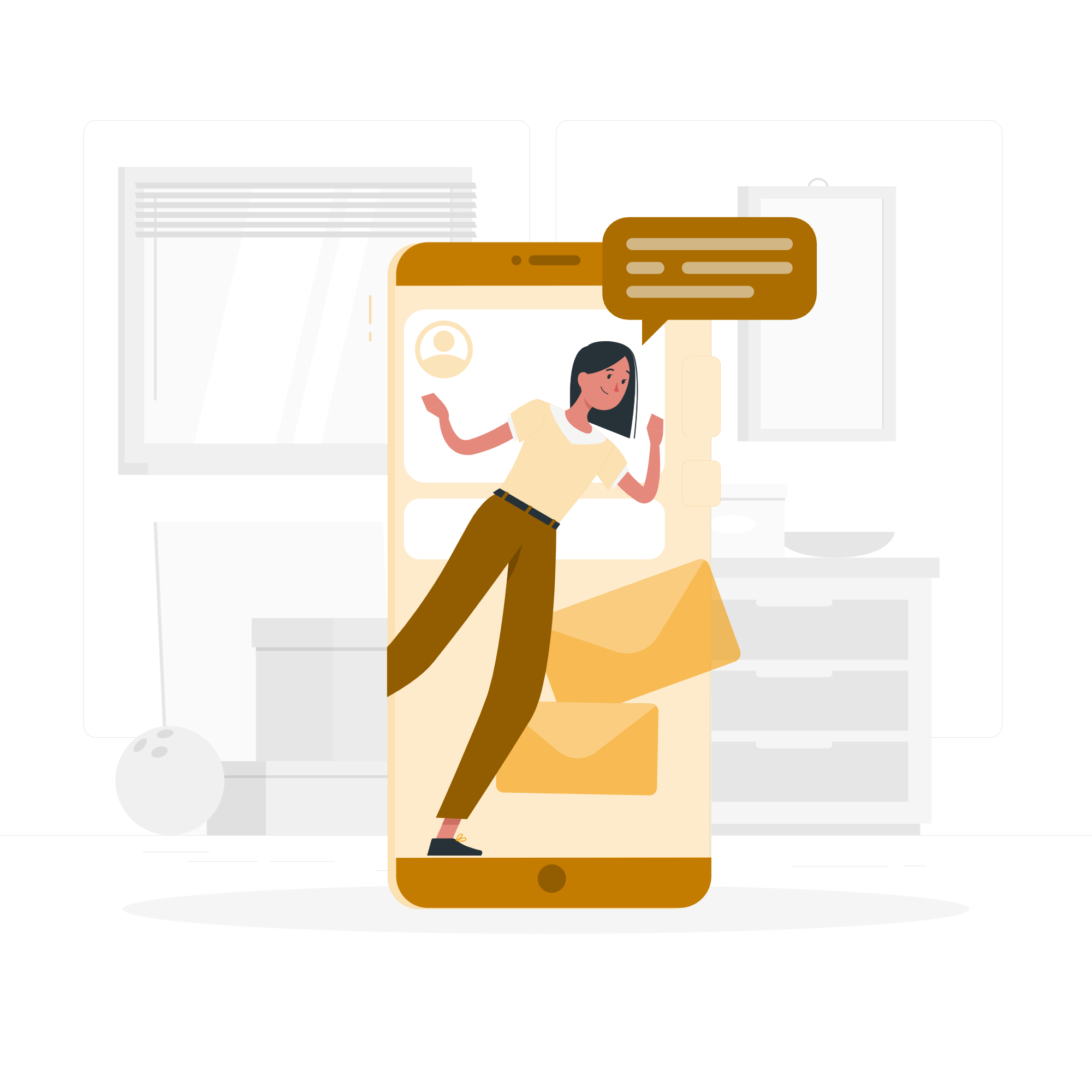 Illustration d'une femme souriante sortant d'un smartphone, représentant les services de notre agence application mobile spécialisée dans la création d'applications interactives et modernes.