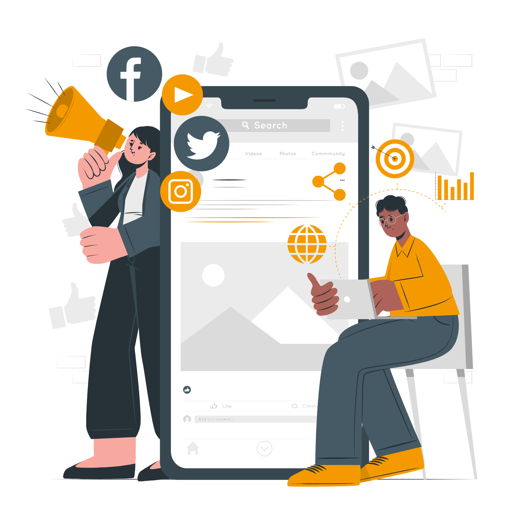 Équipe collaborative entourée d’icônes de réseaux sociaux, représentant le travail d’une agence application mobile spécialisée en marketing digital et en stratégies d’engagement en ligne.
